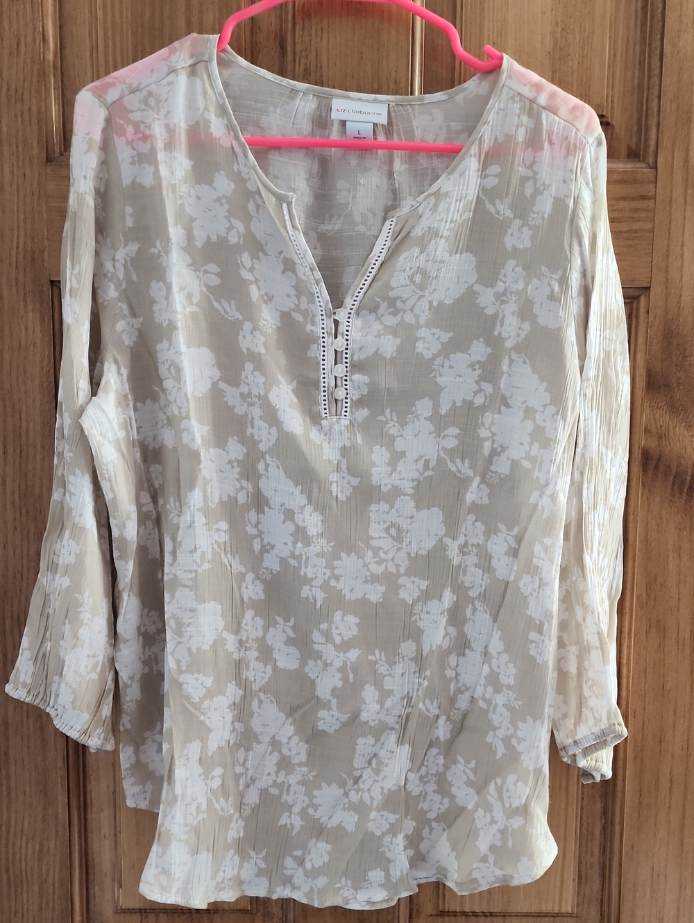 Light Beige Floral Split-Neck Women's Top